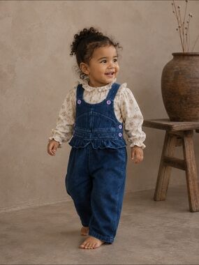 Vintage Yellow Moon Baby Denim Overalls 18M Ruffle Purple Buttons 90s